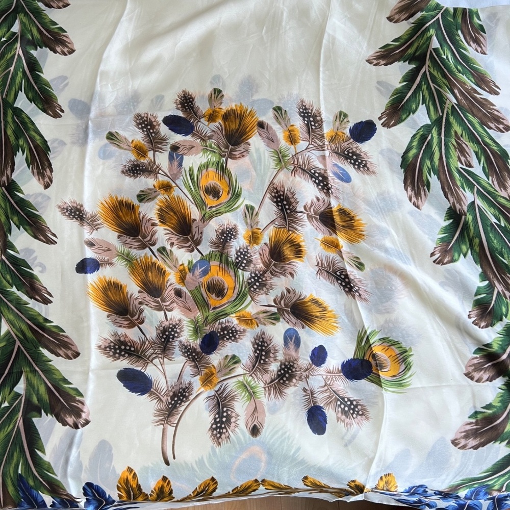 Silk Scarf Extra Large Rectangle Peacock Feathers Cream Green Blue 36" x 70"